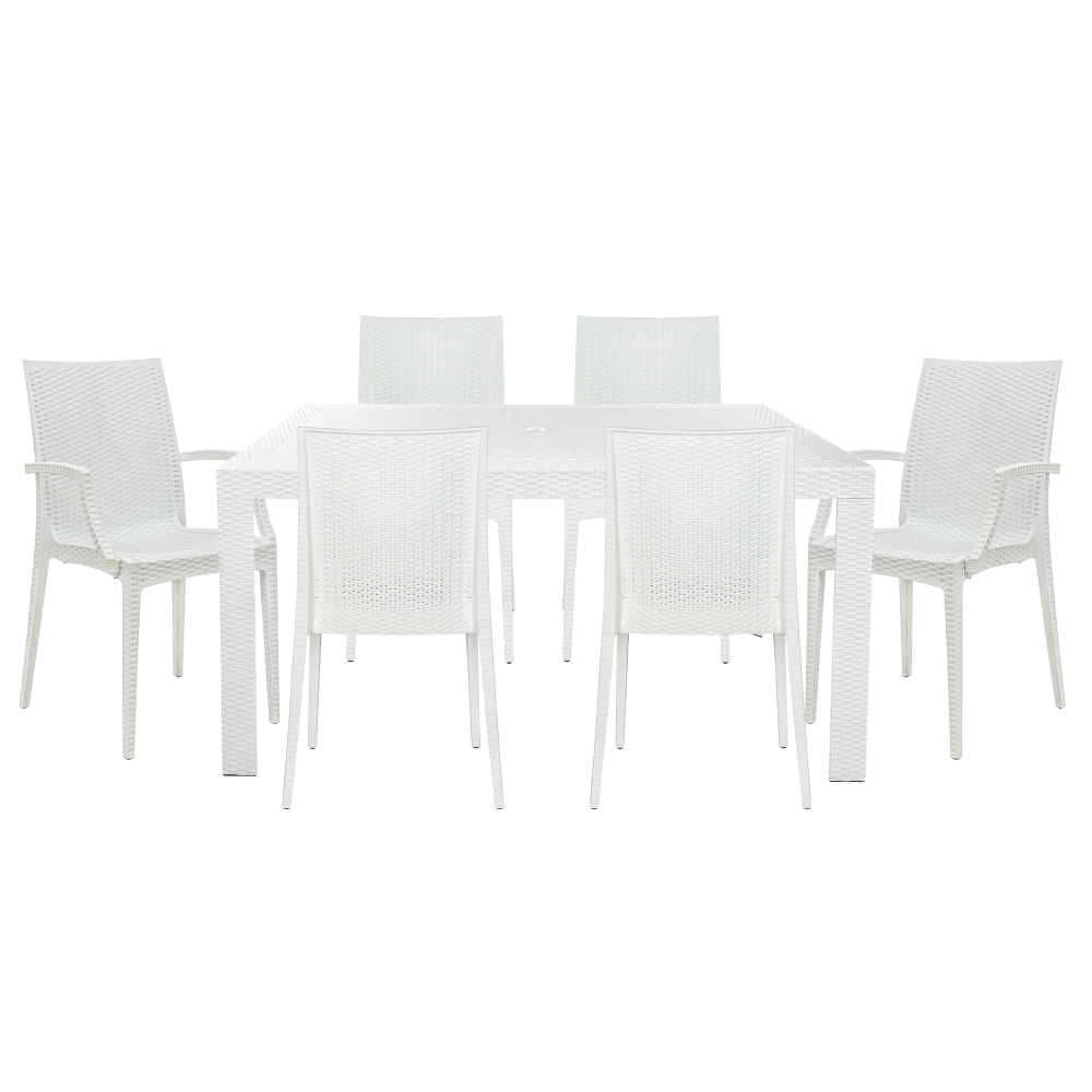 LeisureMod Mace Mid-Century 7-Piece Rectangular Outdoor Dining Set, White