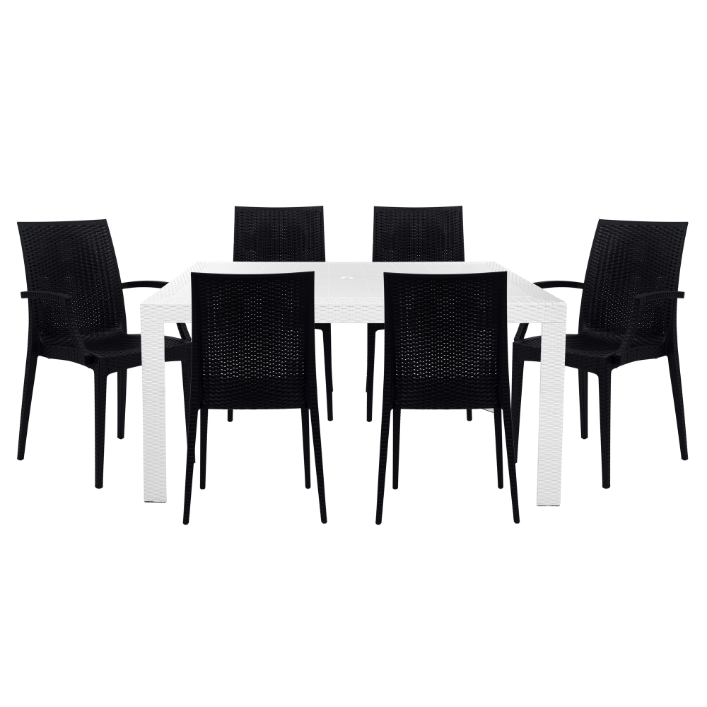 LeisureMod Mace Mid-Century 7-Piece Rectangular Outdoor Dining Set, White/Black