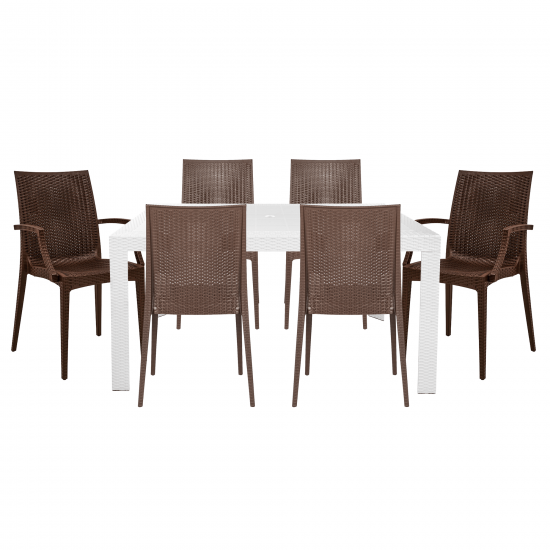 LeisureMod Mace Mid-Century 7-Piece Rectangular Outdoor Dining Set, White/Brown