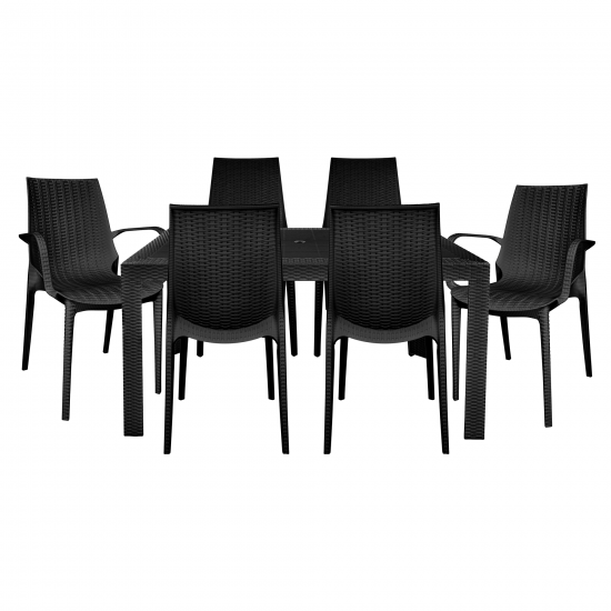 LeisureMod Kent Mid-Century 7-Piece Rectangular Outdoor Dining Set, Black