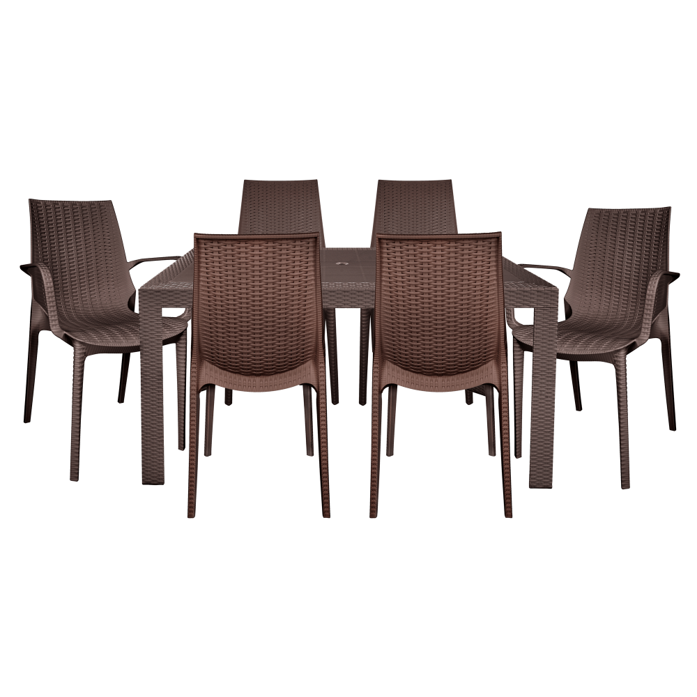 LeisureMod Kent Mid-Century 7-Piece Rectangular Outdoor Dining Set, Brown