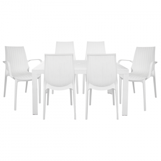 LeisureMod Kent Mid-Century 7-Piece Rectangular Outdoor Dining Set, White