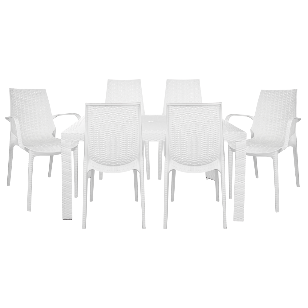 LeisureMod Kent Mid-Century 7-Piece Rectangular Outdoor Dining Set, White