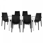 LeisureMod Kent Mid-Century 7-Piece Rectangular Outdoor Dining Set, White/Black