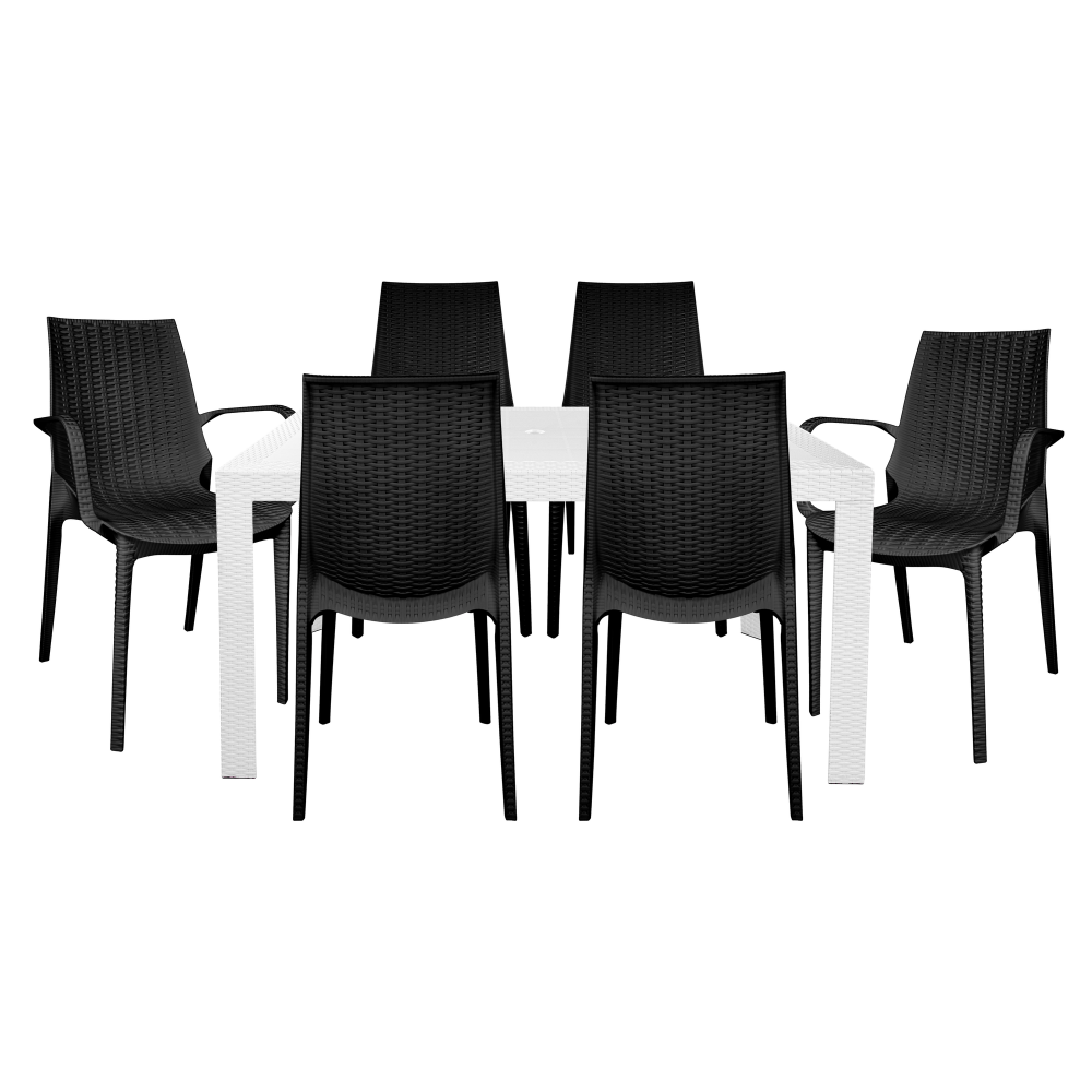 LeisureMod Kent Mid-Century 7-Piece Rectangular Outdoor Dining Set, White/Black