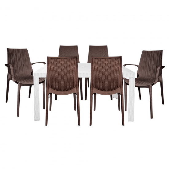 LeisureMod Kent Mid-Century 7-Piece Rectangular Outdoor Dining Set, White/Brown