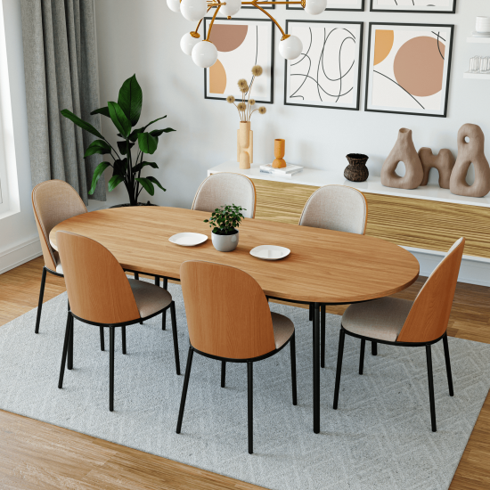 LeisureMod Tule Mid-Century Modern Dining Side Chair, Natural Wood/Beige