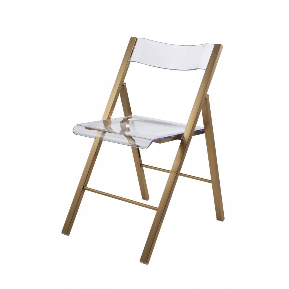 LeisureMod Menno Mid-Century Modern Acrylic Folding Chair, Brushed Gold