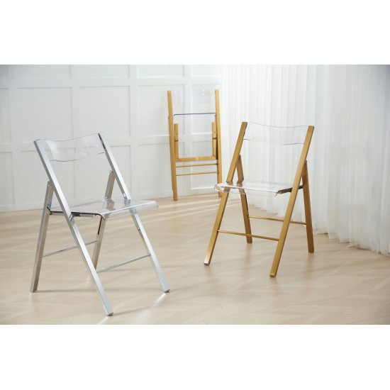 LeisureMod Menno Mid-Century Modern Acrylic Folding Chair, Brushed Gold