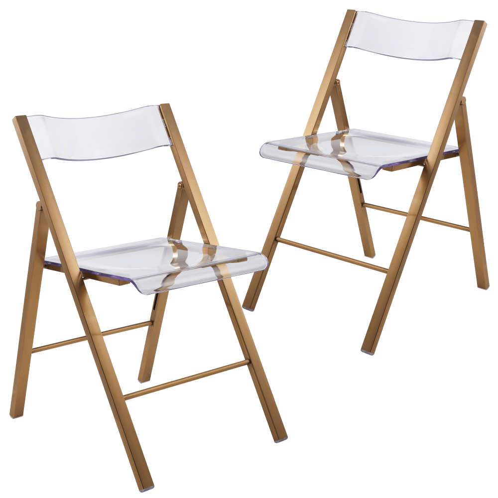 LeisureMod Menno Mid-Century Modern Acrylic Folding Chair Set of 2, Brushed Gold