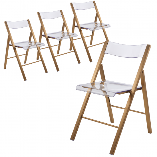 LeisureMod Menno Mid-Century Modern Acrylic Folding Chair Set of 4, Brushed Gold