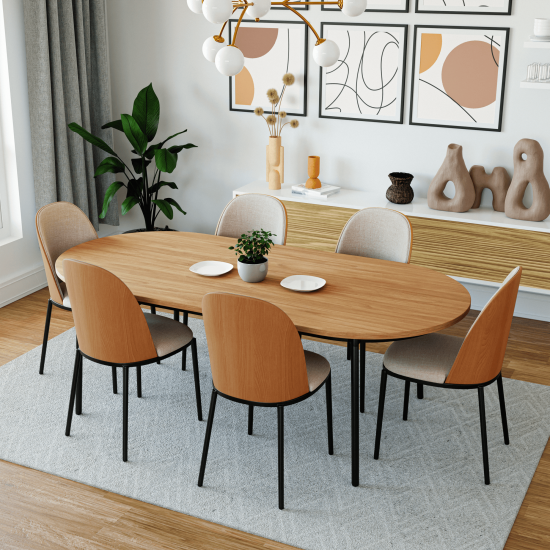 LeisureMod Tule Modern 71" Oval Dining Table with MDF Top, Natural Wood