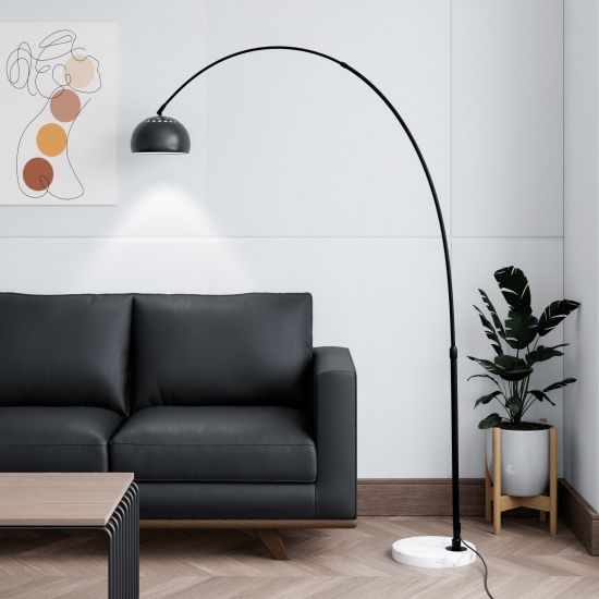 Leisuremod Arco Mid-Century Modern Arched Floor Lamp 75.6" White Base, Black