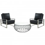 LeisureMod Jefferson Armchair with Silver Frame, Round Coffee Table, Black