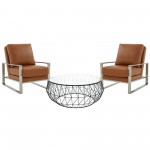 LeisureMod Jefferson Armchair with Silver Frame, Round Coffee Table, Cognac Tan