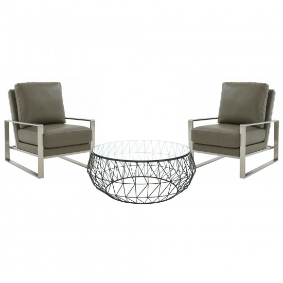 LeisureMod Jefferson Armchair with Silver Frame and Round Coffee Table, Grey