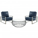 LeisureMod Jefferson Armchair with Silver Frame, Round Coffee Table, Navy Blue