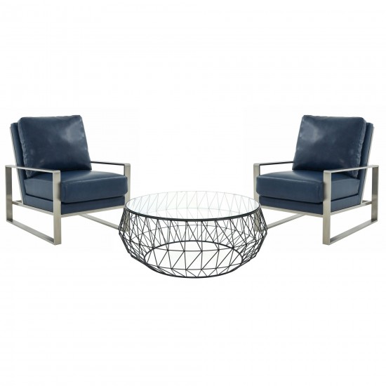 LeisureMod Jefferson Armchair with Silver Frame, Round Coffee Table, Navy Blue