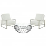 LeisureMod Jefferson Armchair with Silver Frame and Round Coffee Table, White