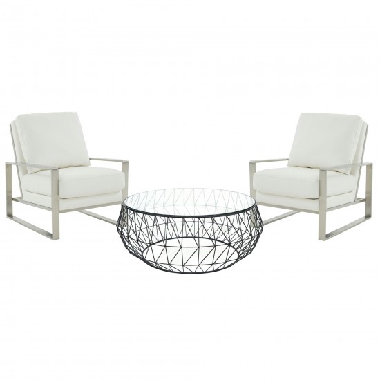 LeisureMod Jefferson Armchair with Silver Frame and Round Coffee Table, White