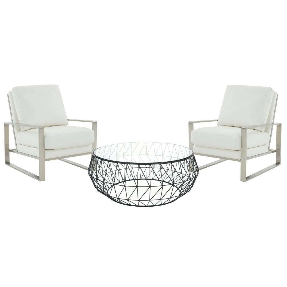 LeisureMod Jefferson Armchair with Silver Frame and Round Coffee Table, White