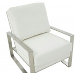 LeisureMod Jefferson Armchair with Silver Frame and Round Coffee Table, White