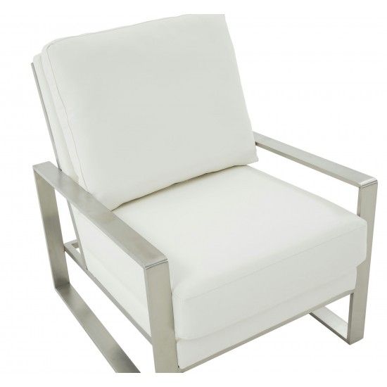 LeisureMod Jefferson Armchair with Silver Frame and Round Coffee Table, White