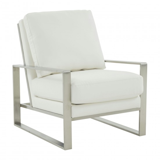 LeisureMod Jefferson Armchair with Silver Frame and Round Coffee Table, White