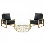 LeisureMod Jefferson Armchair with Gold Frame and Round Coffee Table, Black