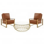 LeisureMod Jefferson Armchair with Gold Frame and Round Coffee Table, Cognac Tan