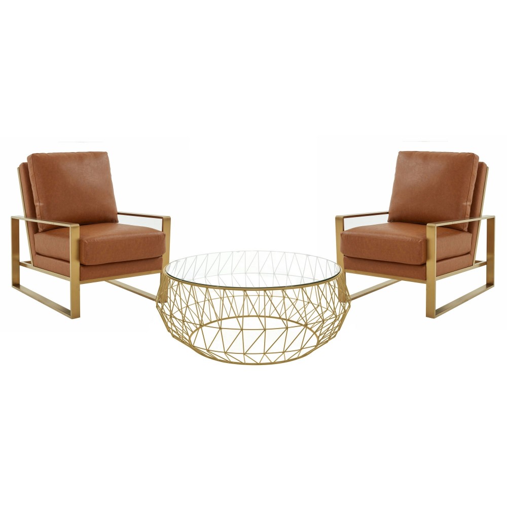 LeisureMod Jefferson Armchair with Gold Frame and Round Coffee Table, Cognac Tan