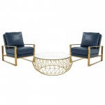 LeisureMod Jefferson Armchair with Gold Frame and Round Coffee Table, Navy Blue