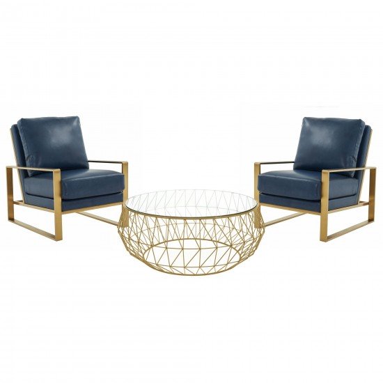 LeisureMod Jefferson Armchair with Gold Frame and Round Coffee Table, Navy Blue