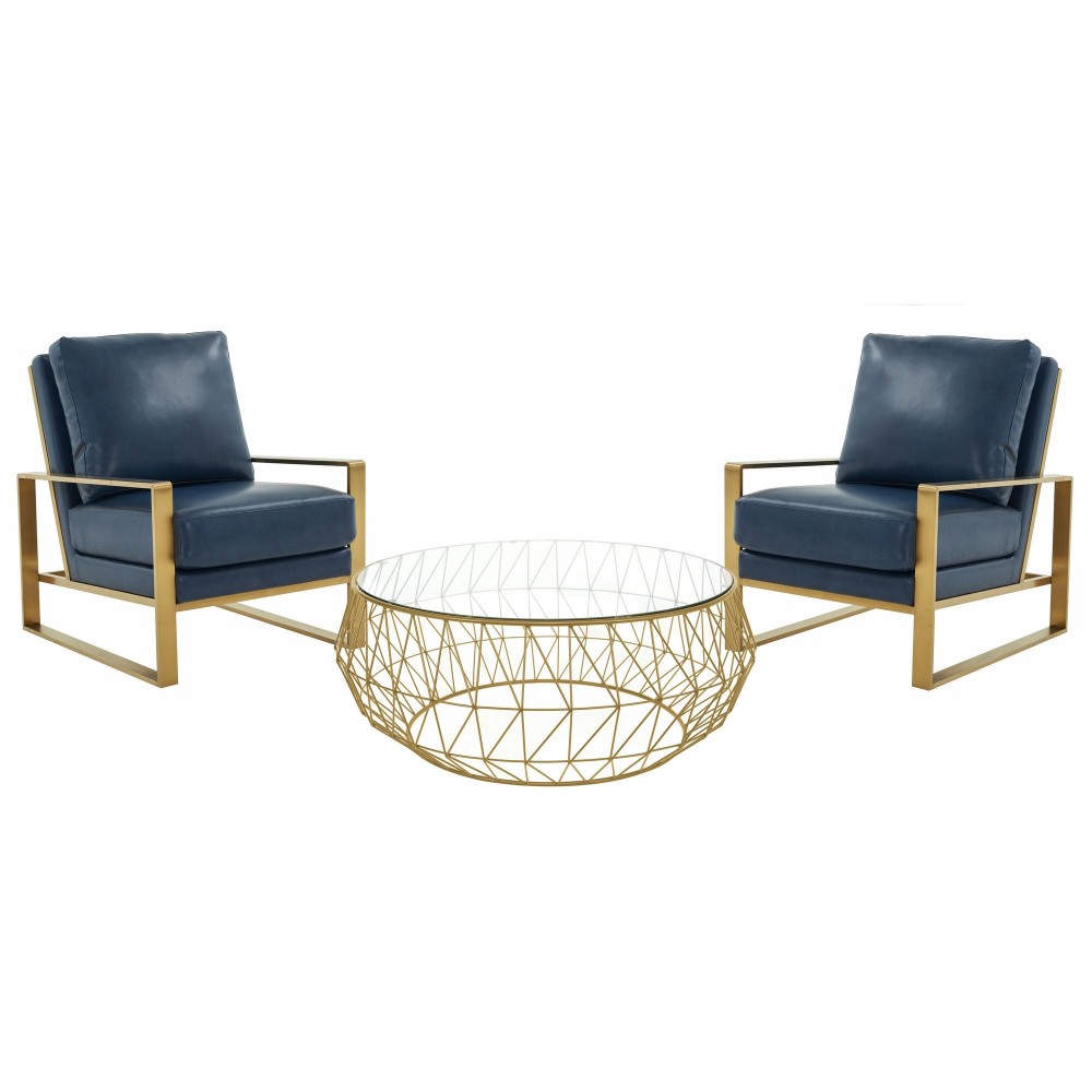 LeisureMod Jefferson Armchair with Gold Frame and Round Coffee Table, Navy Blue