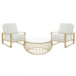 LeisureMod Jefferson Armchair with Gold Frame and Round Coffee Table, White