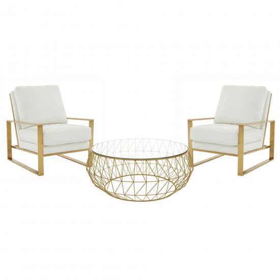 LeisureMod Jefferson Armchair with Gold Frame and Round Coffee Table, White