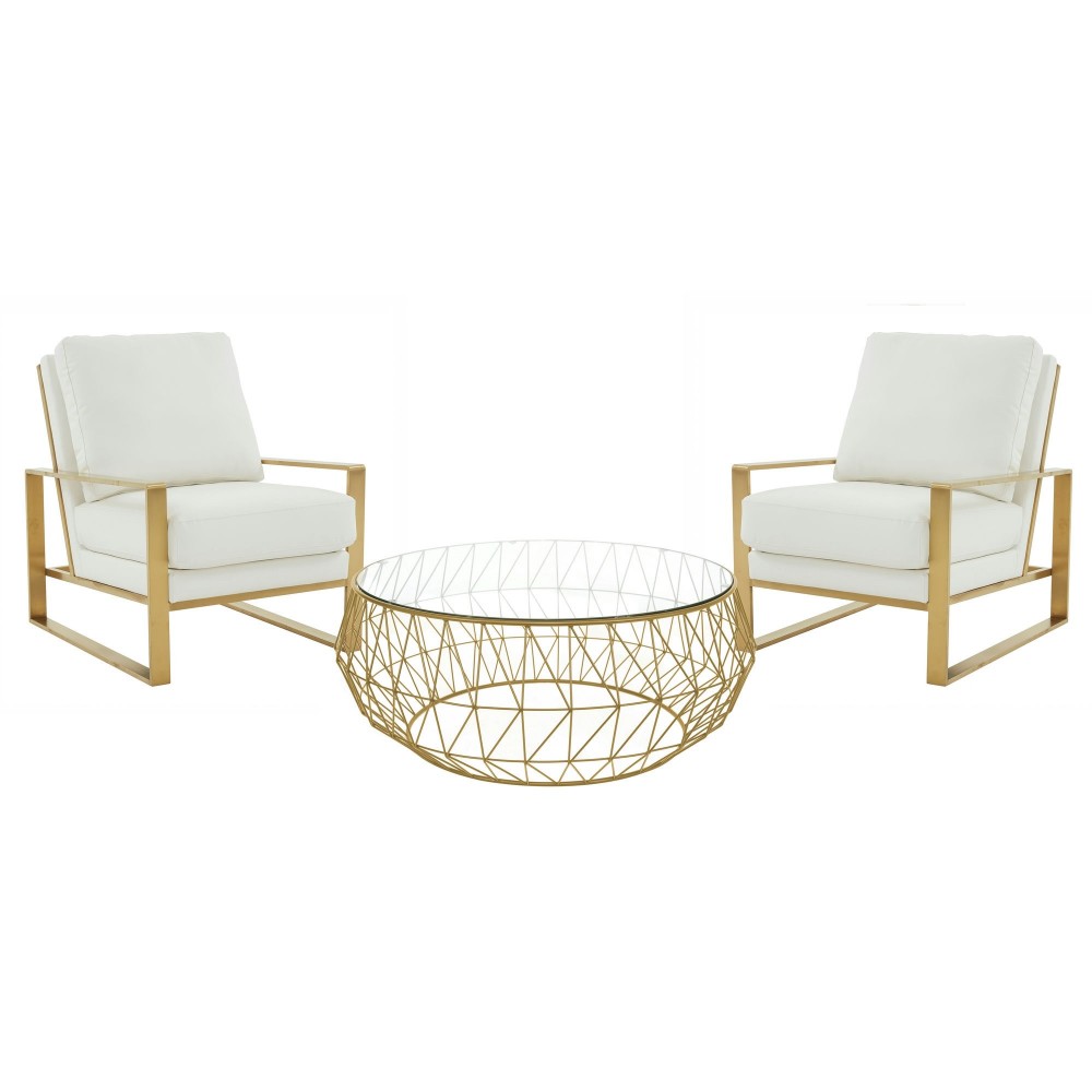 LeisureMod Jefferson Armchair with Gold Frame and Round Coffee Table, White