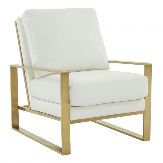 LeisureMod Jefferson Armchair with Gold Frame and Round Coffee Table, White