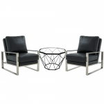 LeisureMod Jefferson Armchair with Silver Frame and Octagon Coffee Table, Black