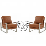 LeisureMod Jefferson Armchair with Silver Frame Octagon Coffee Table, Cognac Tan