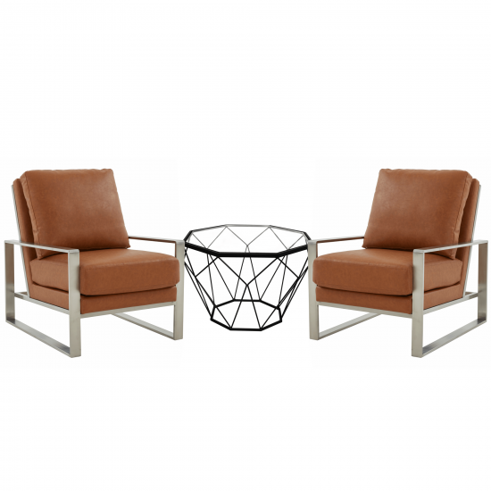 LeisureMod Jefferson Armchair with Silver Frame Octagon Coffee Table, Cognac Tan