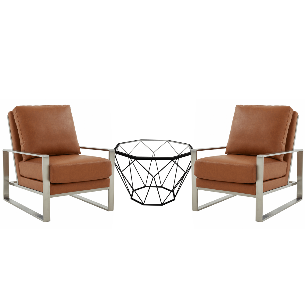 LeisureMod Jefferson Armchair with Silver Frame Octagon Coffee Table, Cognac Tan