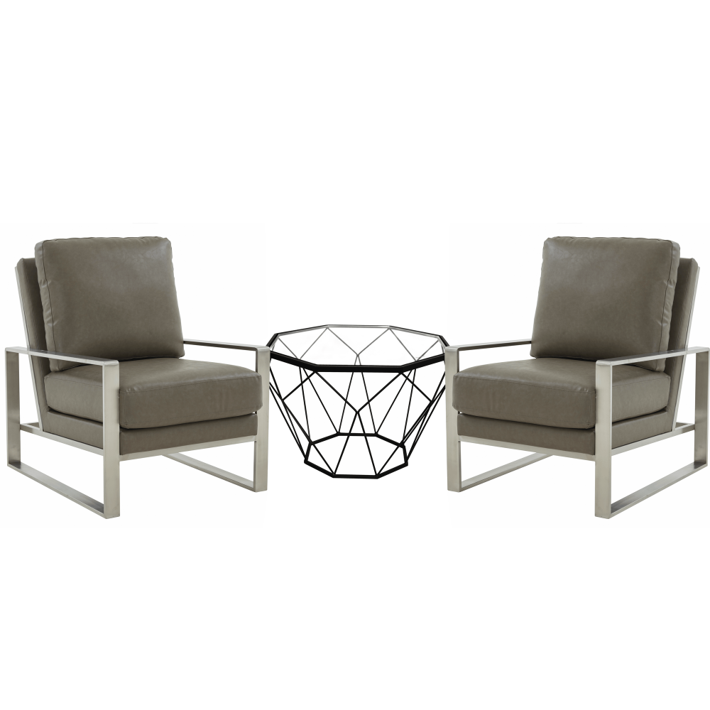 LeisureMod Jefferson Armchair with Silver Frame and Octagon Coffee Table, Grey