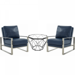 LeisureMod Jefferson Armchair with Silver Frame Octagon Coffee Table, Navy Blue