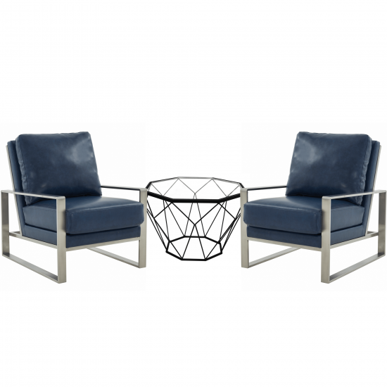 LeisureMod Jefferson Armchair with Silver Frame Octagon Coffee Table, Navy Blue