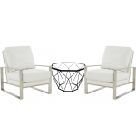 LeisureMod Jefferson Armchair with Silver Frame and Octagon Coffee Table, White