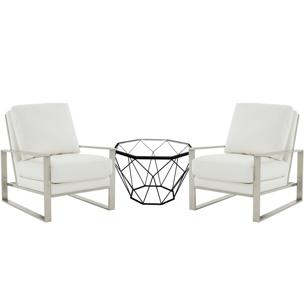 LeisureMod Jefferson Armchair with Silver Frame and Octagon Coffee Table, White