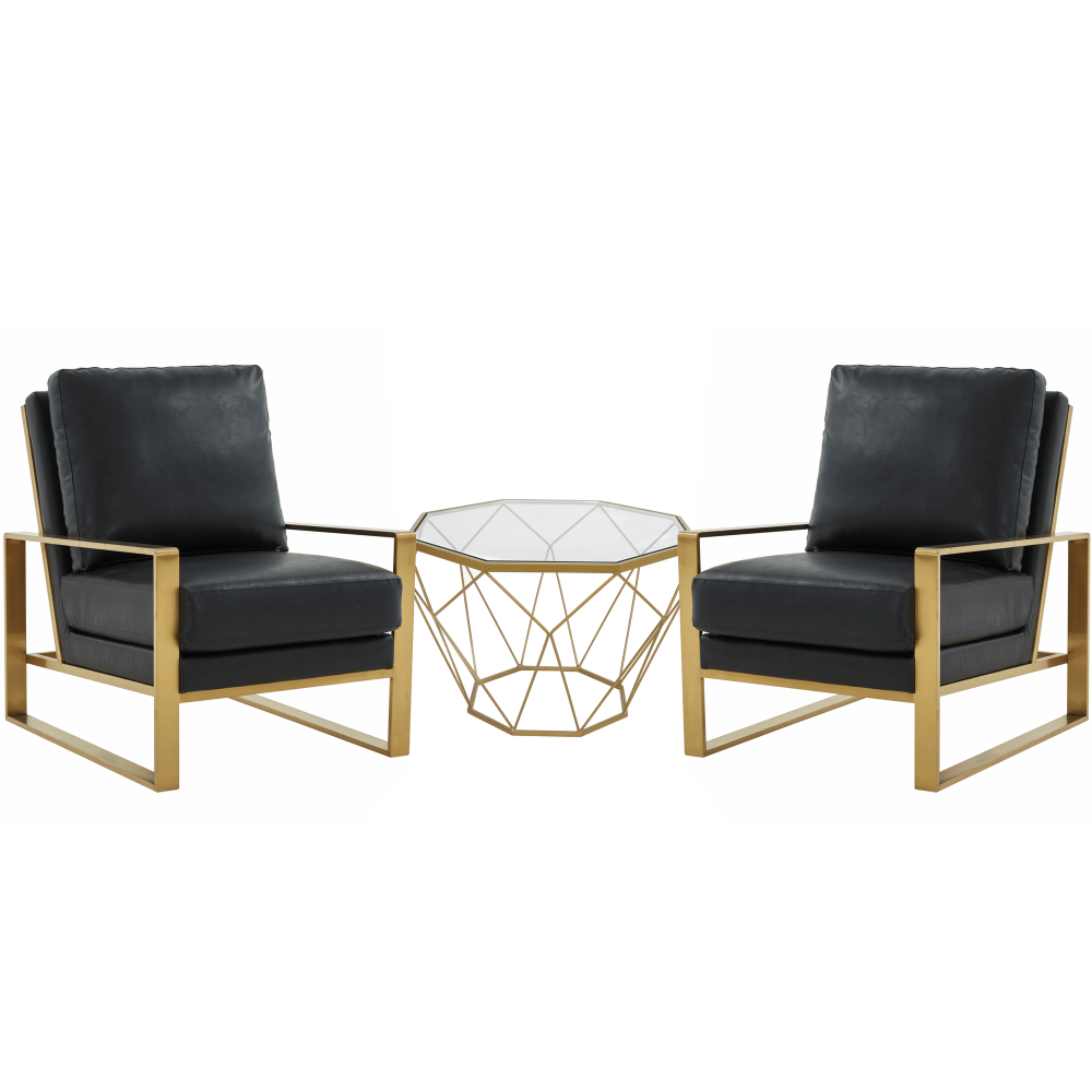 LeisureMod Jefferson Armchair with Gold Frame and Octagon Coffee Table, Black