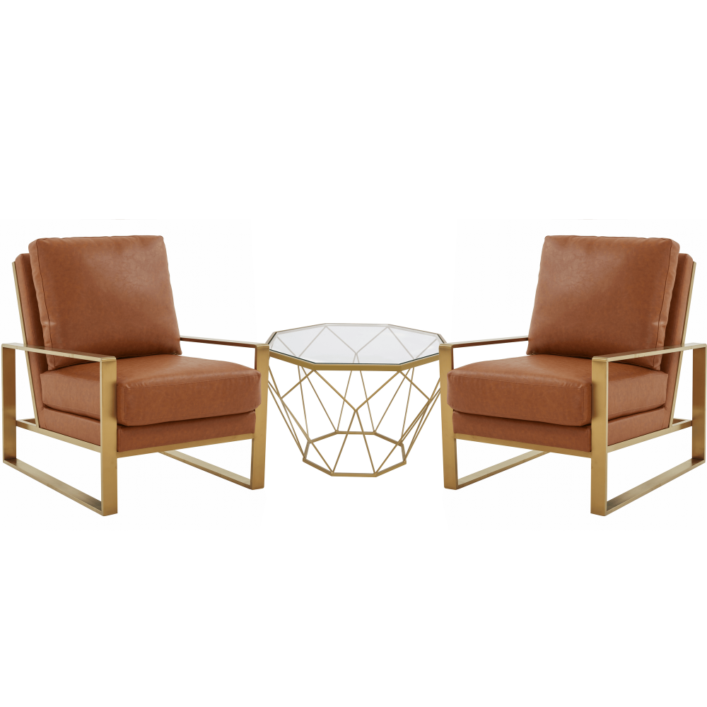 LeisureMod Jefferson Armchair with Gold Frame Octagon Coffee Table, Cognac Tan