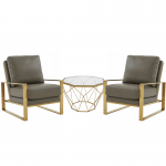 LeisureMod Jefferson Armchair with Gold Frame and Octagon Coffee Table, Grey